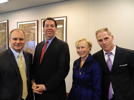 From left to right: Preston “Cinco” Plumb, President & CEO, BioSurplus; Angus McQuilken, VP for Communications, Massachusetts Life Sciences Center; Jackie Townsend, M.S., Chief Marketing Officer, BioSurplus; and Robert Yacobian, Leasing Director, Cummings Properties, celebrating BioSurplus’ arrival in Massachusetts