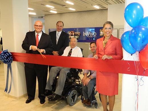 From left to right: Frank Reynolds, CEO of InVivo Therapeutics; Peter Abair, Director of Economic Development & Global Affairs at MassBio; Mike Ferriter, Greater Boston Chapter, National Spinal Cord Injury Association; Jason Fowler, 2012 Half Ironman Triathlon World Champion; Susan Windham-Bannister, Ph.D., President & CEO of the Massachusetts Life Sciences Center.