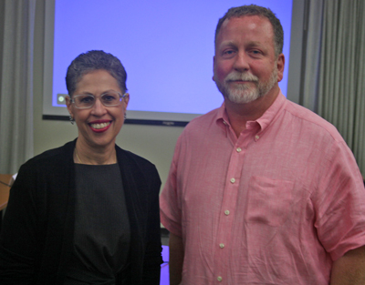 Massachusetts Life Sciences Center President & CEO Susan Windham-Bannister congratulates Thermedical President Michael Curley after his company was selected to receive a Small Business Matching Grant from the Center.