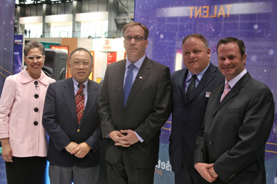 Pictured from left to right are Life Sciences Center President & CEO Susan Windham-Bannister, sanofi-aventis Chief Science Officer Dr. Paul Chew, House Ways & Means Chairman Charles Murphy, MOITI Executive Director Ted Carr, and MassBio President Robert Coughlin as they announce a new investment partnership at Bio 2010 in Chicago.