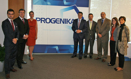 From left to right are Progenika, Inc. COO Ander Caballero, Bernabé Unda, Counsellor of Industry, Commerce, Tourism and Innovation for the Basque region of Spain, Massachusetts Life Sciences Center President & CEO Susan Windham-Bannister, President of the Basque region of Spain Patxi Lopez, Progenika Co-CEO Antonio Martinez, MassBio Chief Business Officer Imran Nasrullah, Massachusetts Office of International Trade & Investment Associate Director Elizabeth Steele, and Begoña Gil, wife of President Lopez.