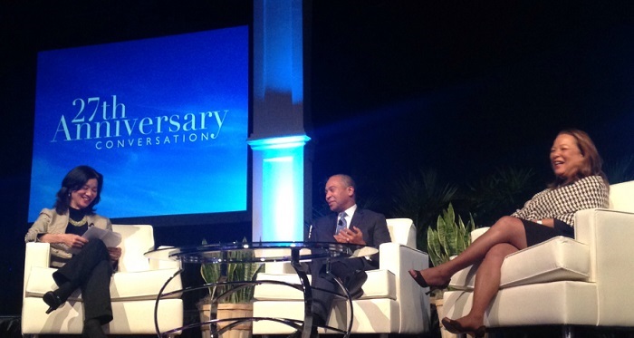 from left to right: Liz Cheng (WGBH's General Manager for Television), Governor Deval Patrick and First Lady Diane Patrick participate in a fireside chat to discuss the importance of expanding opportunities to people of color at The Partnership’s Annual Meeting