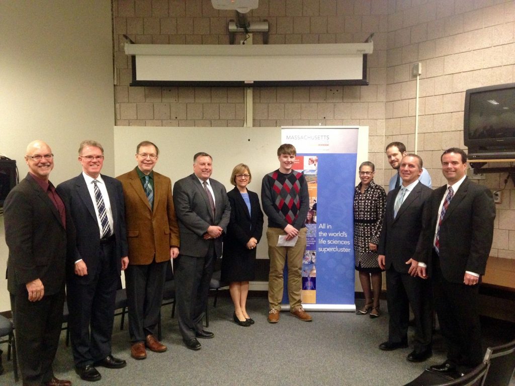 Dr. Susan Windham-Bannister (right of center) joined Representative Tom Sannicandro (D-Ashland) (far left) and awardees to announce capital awards and equipment and supply funding for MetroWest schools at Joseph P. Keefe Regional Technical School in Framingham.