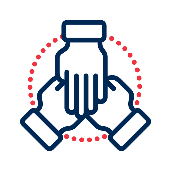 icon of 3 hands in to represent collaboration.